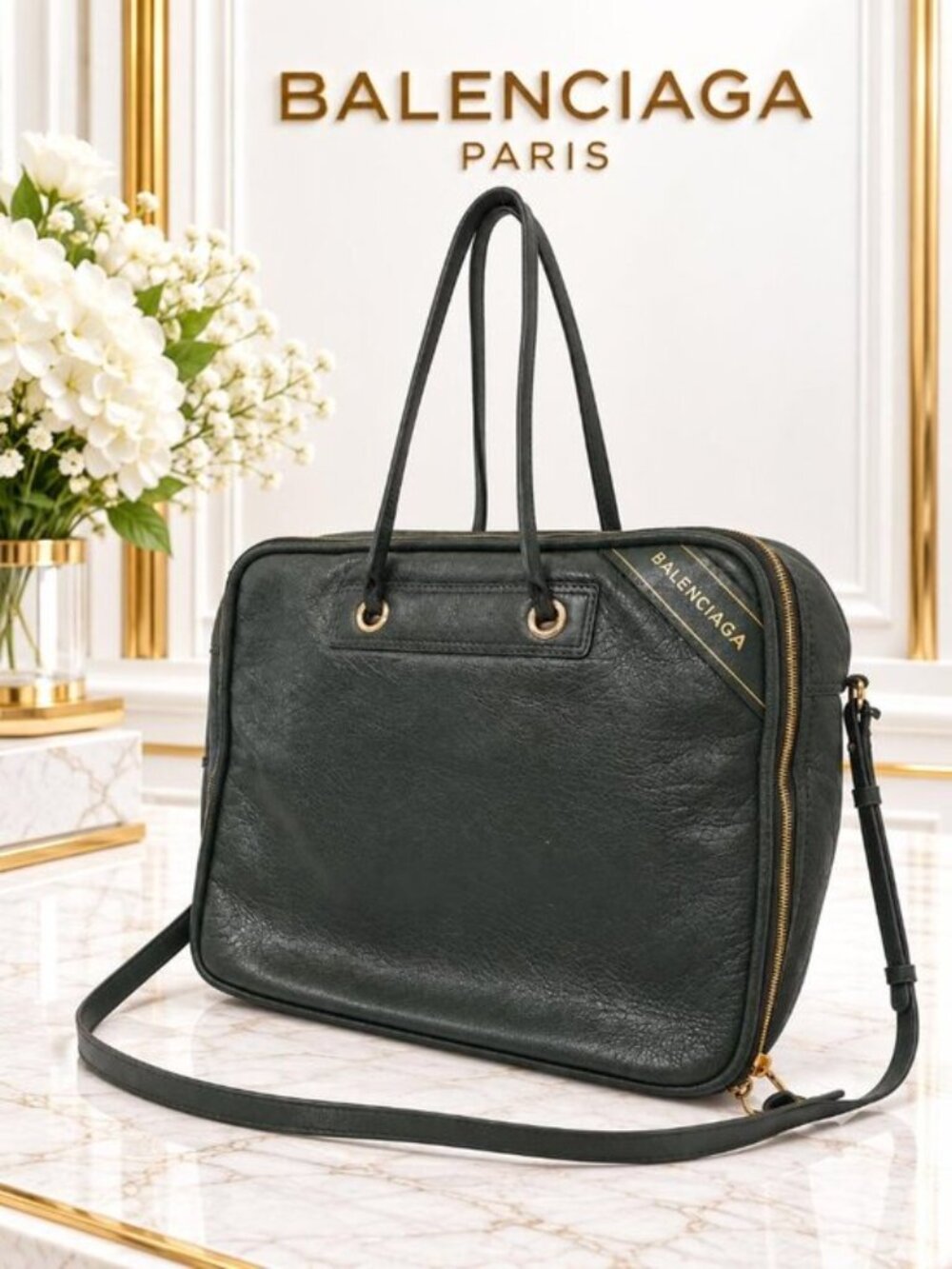 Authentic Balenciaga Green Leather Convertible Tote Shoulder Crossbody Bag